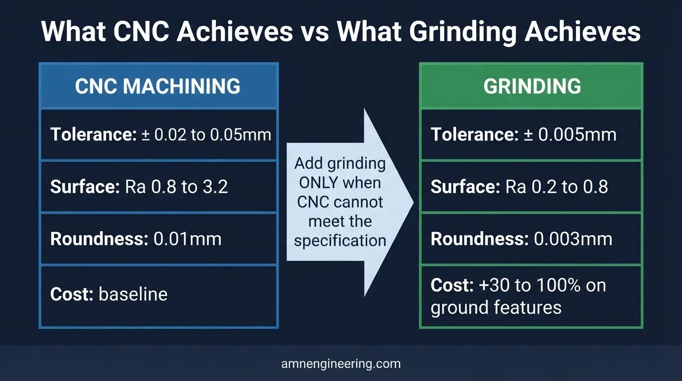 Chart comparing CNC machining and grinding capability across tolerance, surface finish, and material hardness